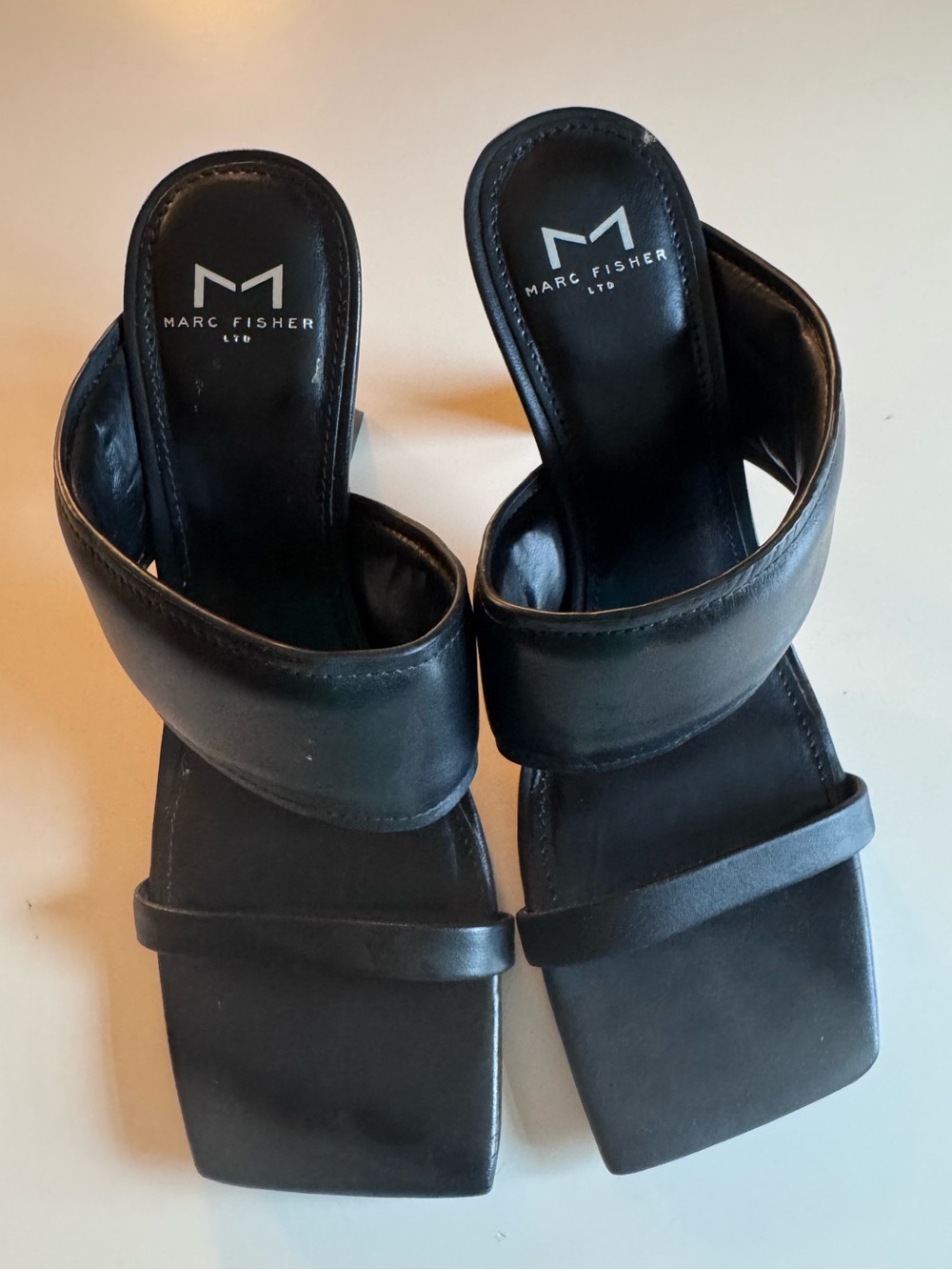 Marc Fisher Black Leather Square Toe Slide Heels